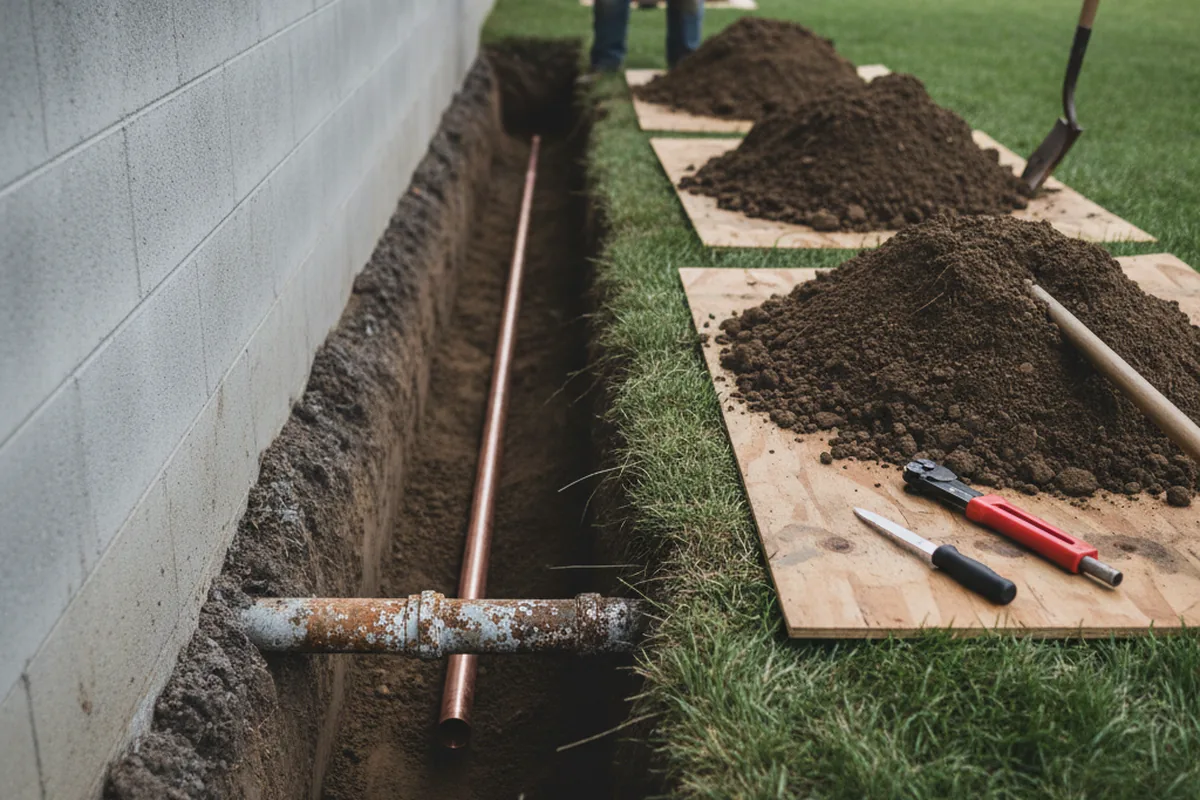 Excavated water line trench during Sewer Line Repair in Otis Orchards